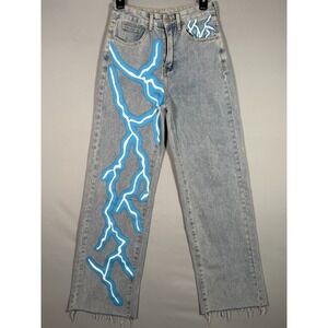 Women Wide Leg Straight XS Jean Painted Design Grunge 27x30 Raw Hem Rise 12"